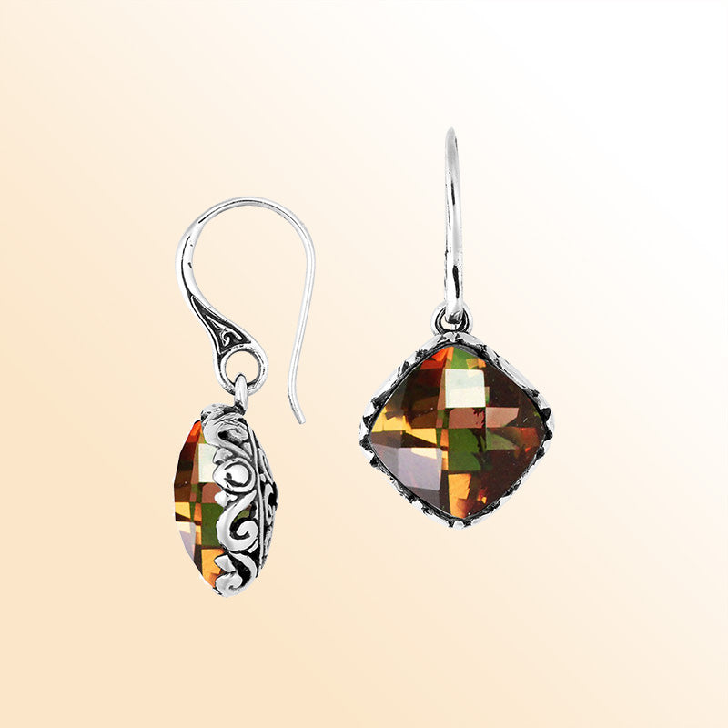 Sterling Silver Citrine Quartz drop earrings with detailed silver frame and polished finish.