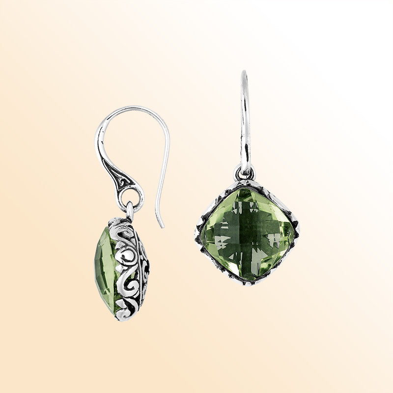 Sterling Silver Green Amethyst Quartz drop earrings with classic silver frame and polished finish.