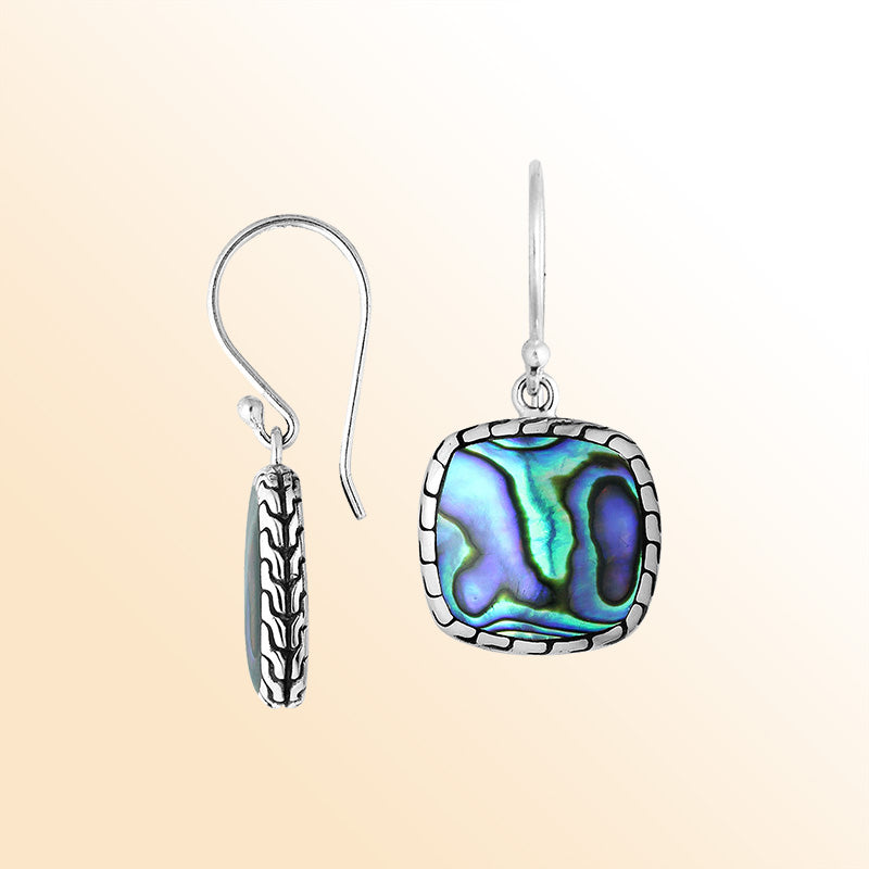 Artistic cushion earrings with Abalone Shell and silver texture accents