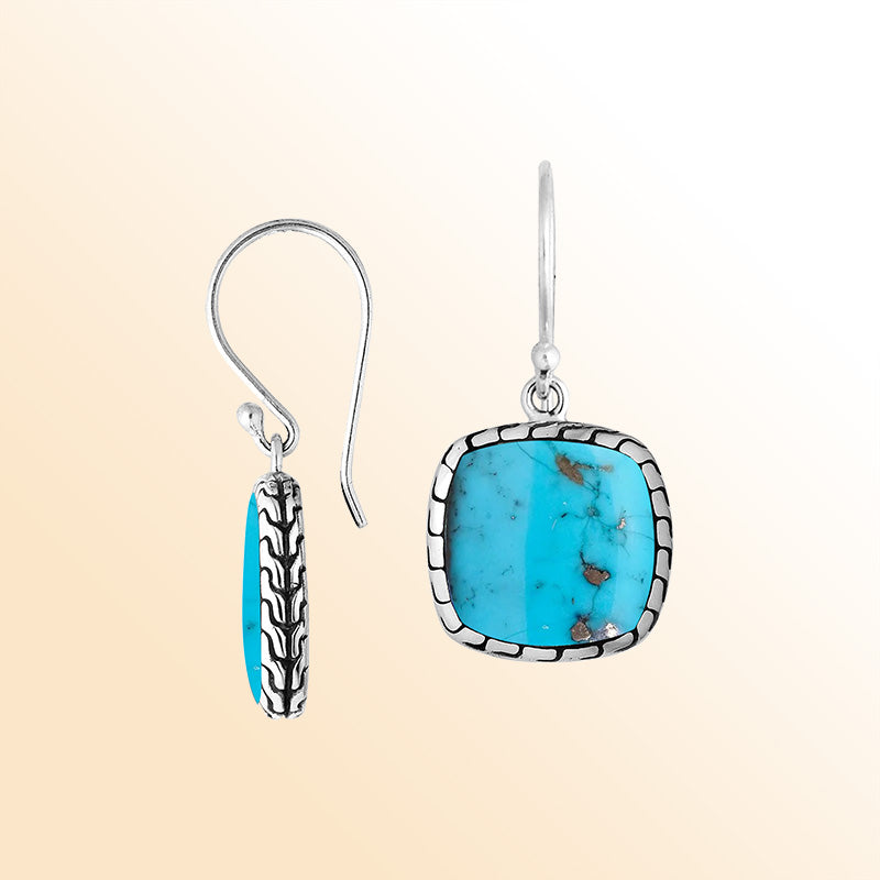 Artistic cushion earrings with Turquoise Shell and silver textured edging