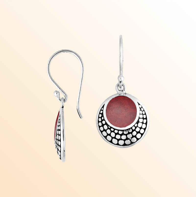 Sterling silver earrings with round Red Coral inlay and dotted silver detailing.