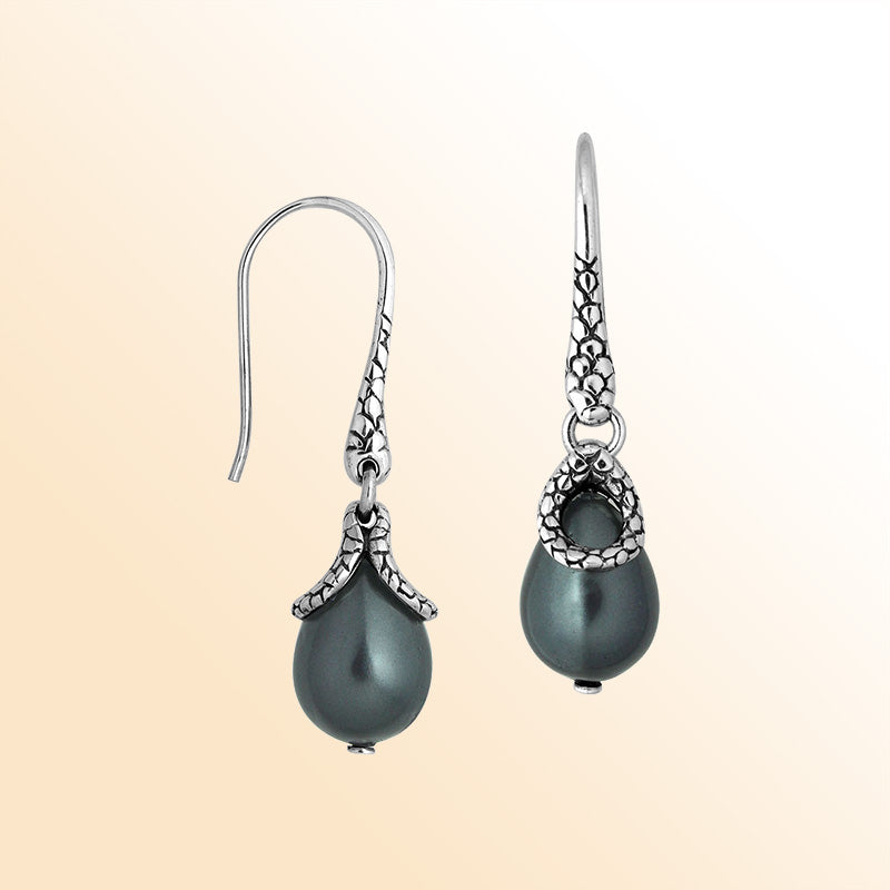 Sterling silver earrings with Dark Pearl teardrop design and polished silver finish.