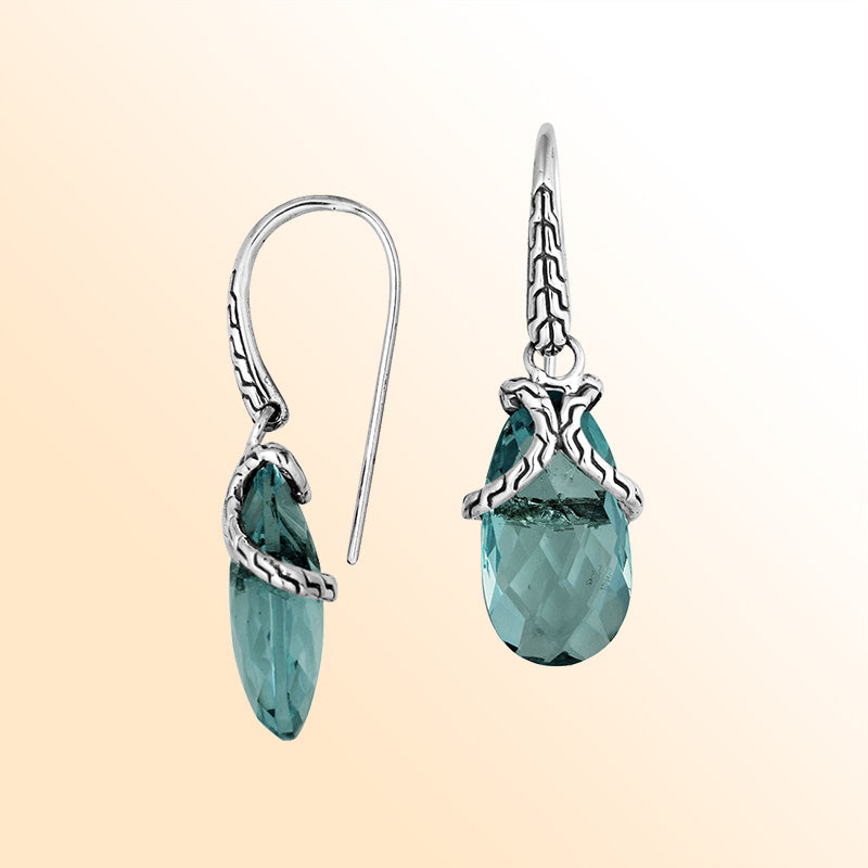 Sterling silver earrings with London Blue Topaz Quartz elongated drop design and woven silver detailing.