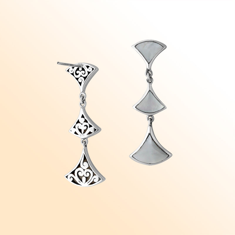Sterling silver Mother of Pearl drop earrings with filigree accents and post clip lock.
