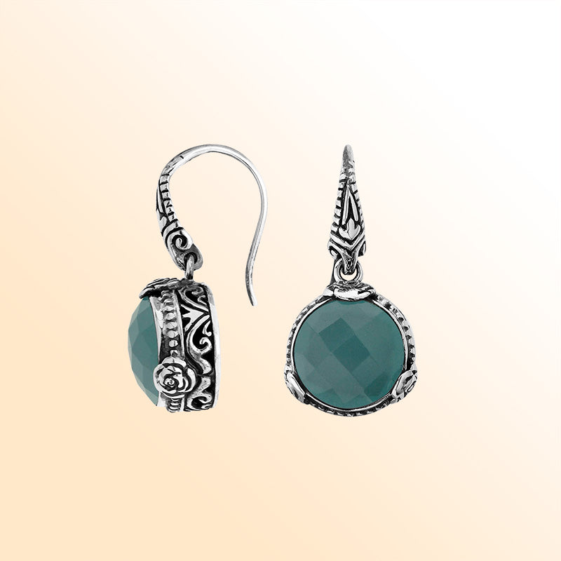 Sterling Silver Blue Chalcedony Quartz drop earrings with vintage inspired silver detailing.