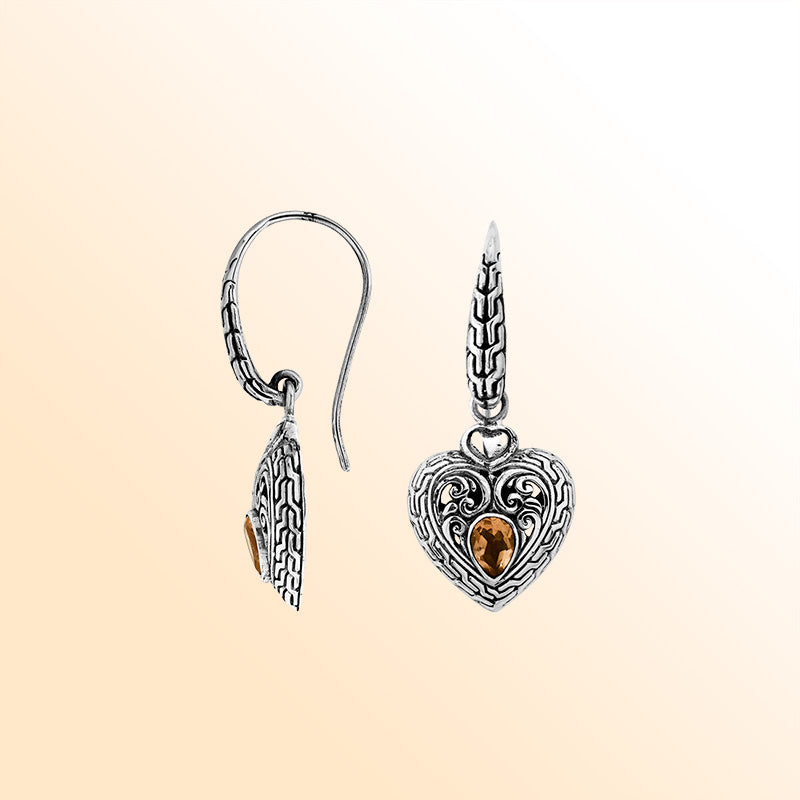 Sterling silver heart earrings with Citrine Quartz and ornate filigree artistry.