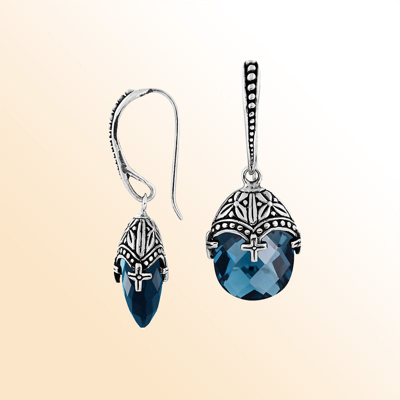 Handcrafted Sterling Silver London Blue Topaz Quartz Faceted Drop Earrings With Ornate Bali Detailing