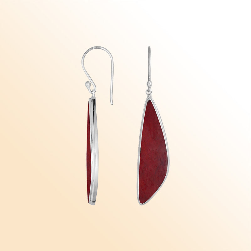 Handcrafted Sterling Silver Red Coral Asymmetric Drop Earrings With Polished Frame