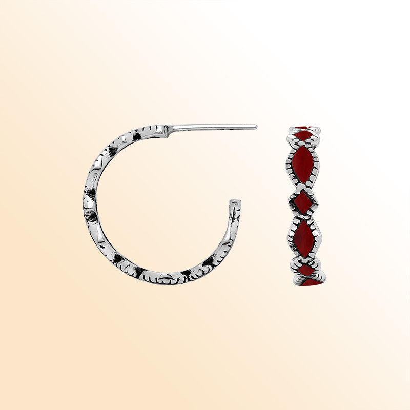 Sterling silver Red Coral hoop earrings with Balinese handicraft design handcrafted in Bali