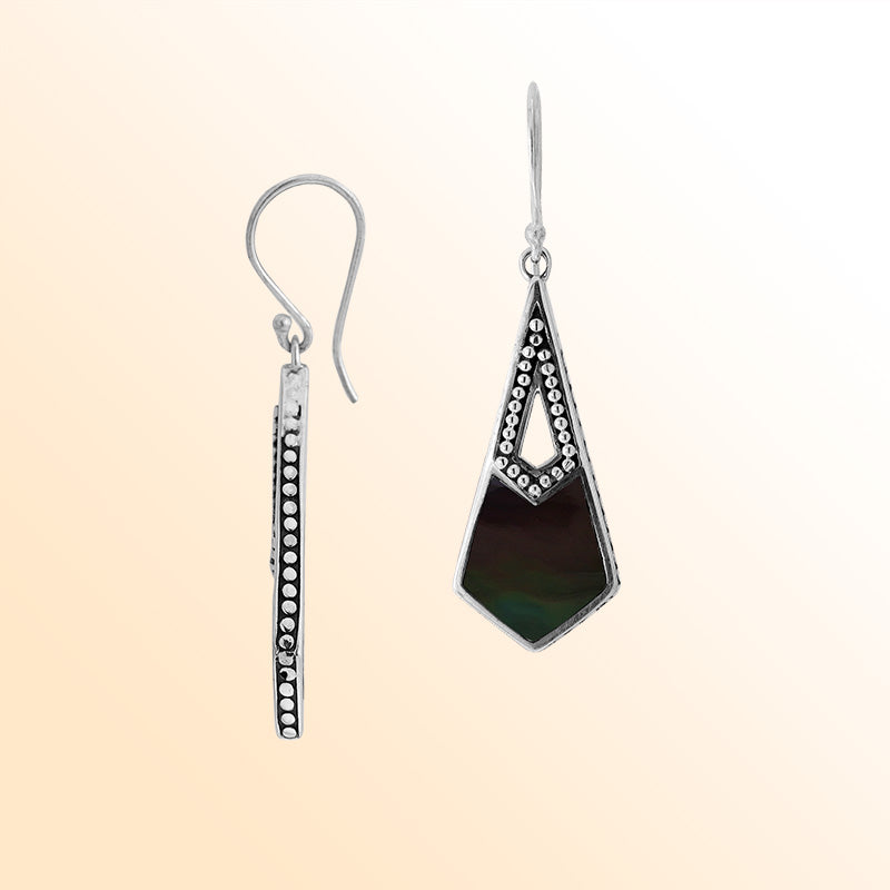 Handcrafted Sterling Silver Black Shell Geometric Dotted Drop Earrings
