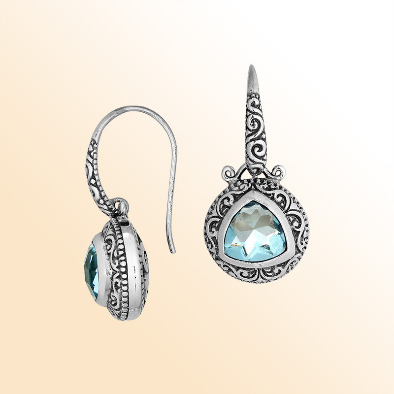 Handcrafted Sterling Silver Earrings With Faceted Blue Topaz Quartz Triangle And Intricate Bali Scroll Art Detailing