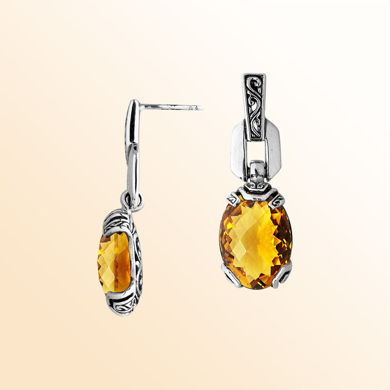 Sterling Silver Citrine Quartz Sunrise Drop Earrings With Balinese Artistic Detailing