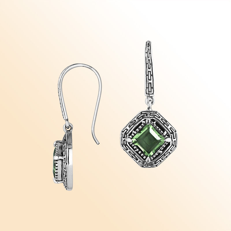 Sterling Silver Green Amethyst Quartz Forest Glow Drop Earrings With Balinese Geometric Detailing