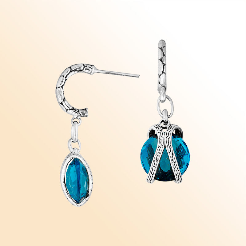 Sterling Silver Blue Topaz Quartz Ocean Drop Earrings With Balinese Artistic Hoop Detailing