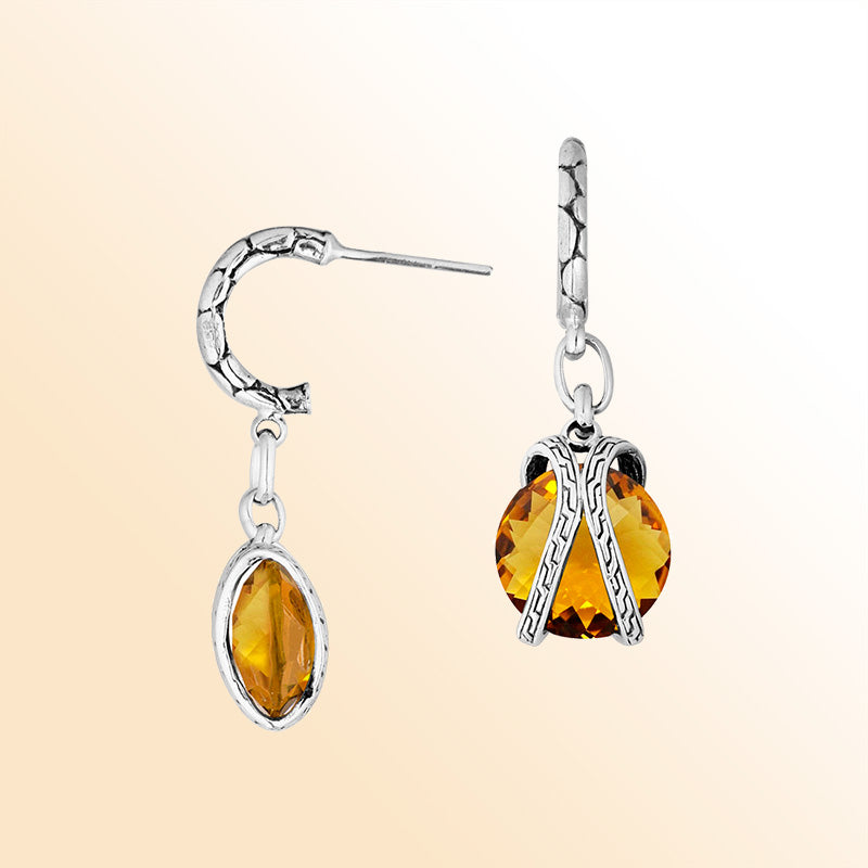 Sterling Silver Citrine Quartz Golden Ember Drop Earrings With Balinese Artistic Hoop Detailing