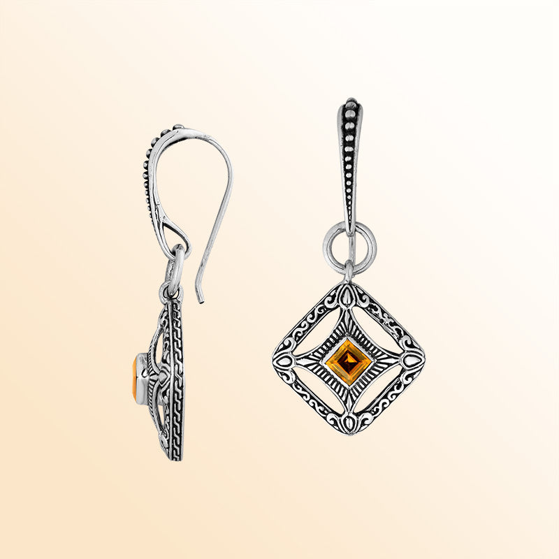 Sterling Silver Citrine Quartz Sunlight Lattice Drop Earrings With Balinese Artistic Filigree