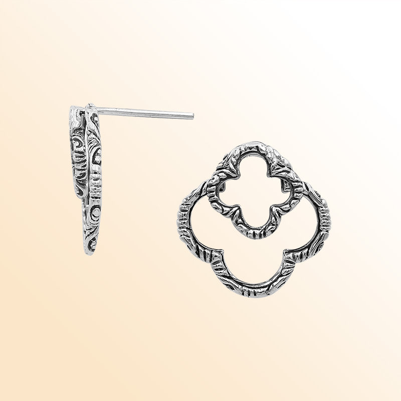 Sterling Silver Artistic Clover Aura Stud Earrings With Balinese Carved Detailing