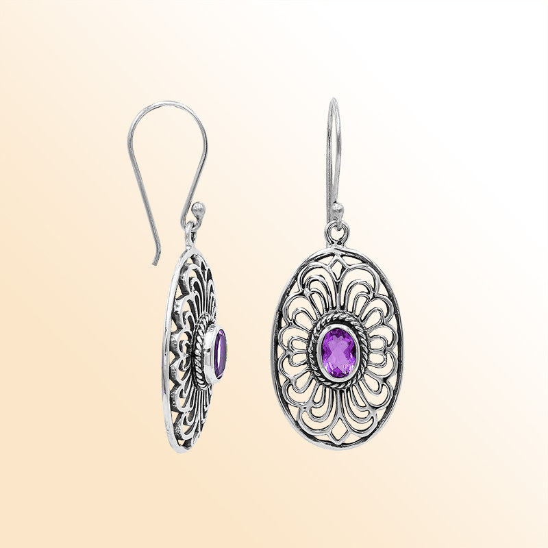 Sterling Silver Ornate Charming Oval Filigree Amethyst Quartz Artisan Earrings With Oxidized Finish And Balinese Craftsmanship