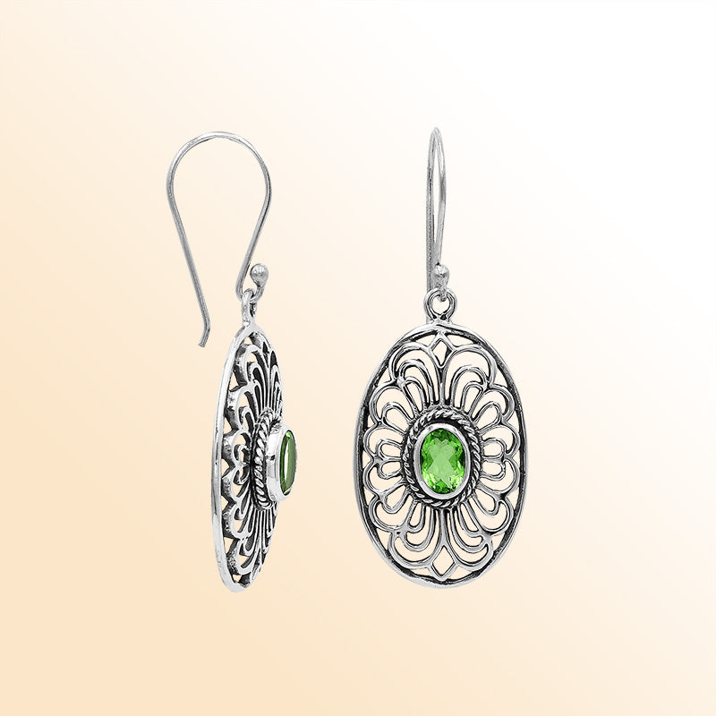 Sterling Silver Ornate Charming Oval Filigree Peridot Quartz Artisan Earrings With Oxidized Finish And Balinese Craftsmanship