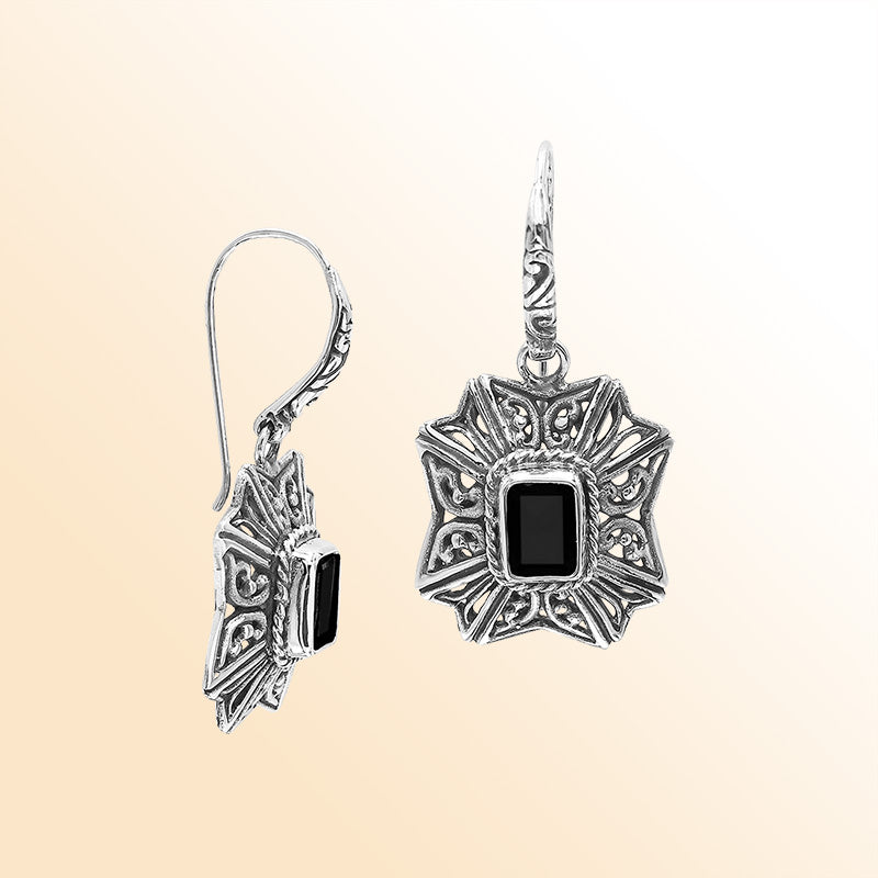 Sterling Silver Ornate Charming Starburst Filigree Black Onyx Artisan Earrings With Oxidized Finish And Balinese Craftsmanship