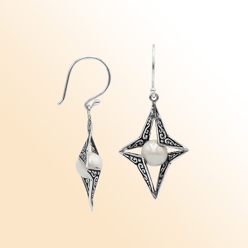 Sterling Silver Radiant Star Mabe Pearl Dangle Earrings With Bali Scroll Detailing Handcrafted In Bali