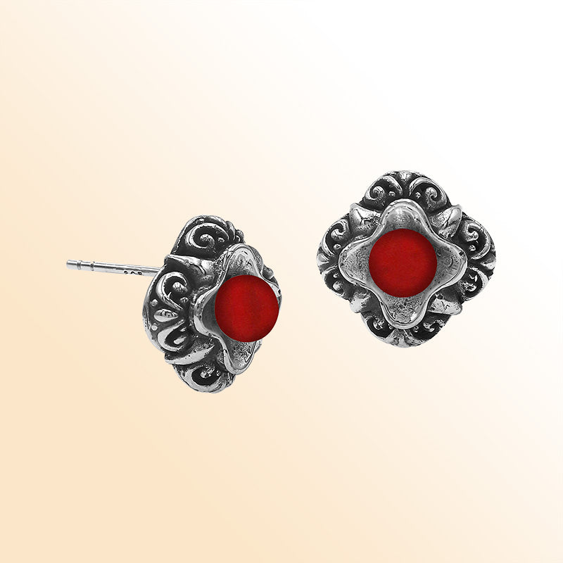 Sterling Silver Bali Floral Red Coral Stud Earrings With Oxidized Scroll Detailing Handcrafted In Bali