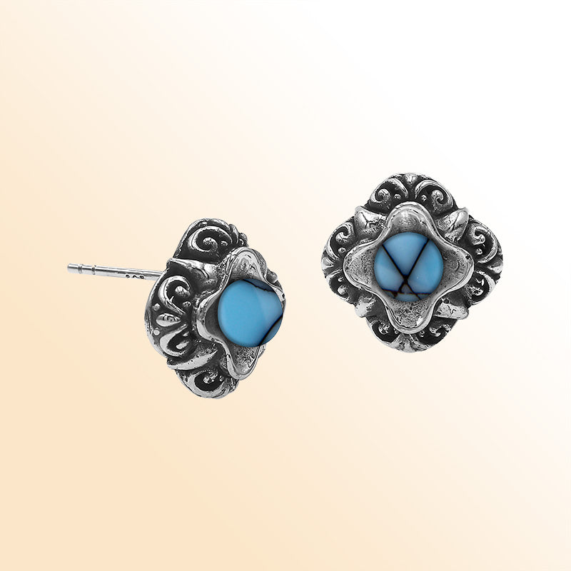 Sterling Silver Bali Floral Turquoise Shell Stud Earrings With Oxidized Scroll Detailing Handcrafted In Bali