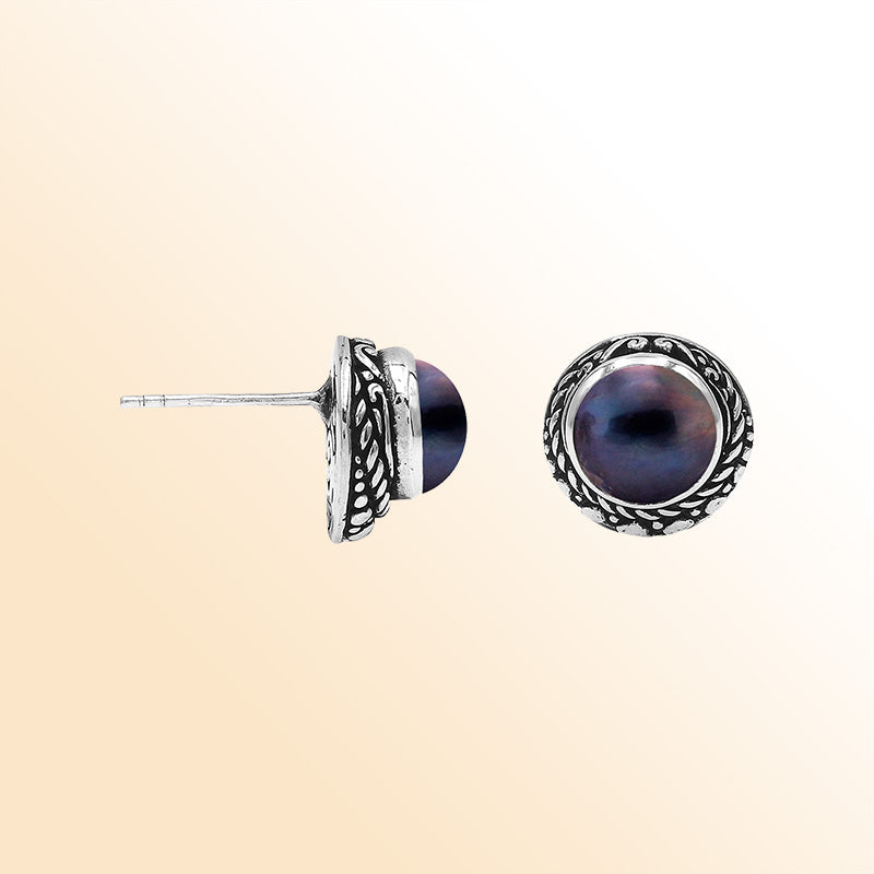 Sterling Silver Bali Rope-Bezel Gray Mabe Pearl Stud Earrings With Oxidized Detailing Handcrafted In Bali