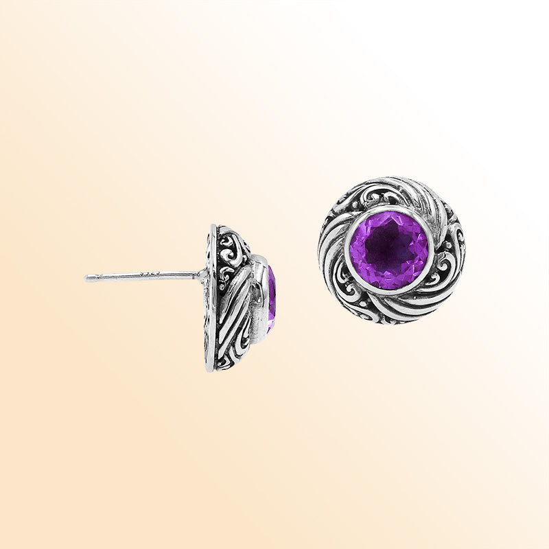 Sterling Silver Bali Swirl Amethyst Quartz Stud Earrings With Oxidized Scroll Detailing Handcrafted In Bali