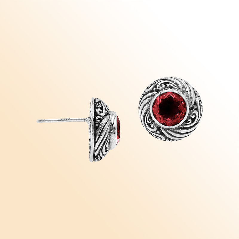 Sterling Silver Bali Swirl Garnet Quartz Stud Earrings With Oxidized Scroll Detailing Handcrafted In Bali