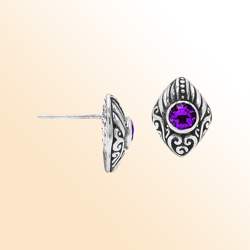 Sterling Silver Bali Marquise Amethyst Quartz Stud Earrings With Oxidized Scroll Carving Handcrafted In Bali