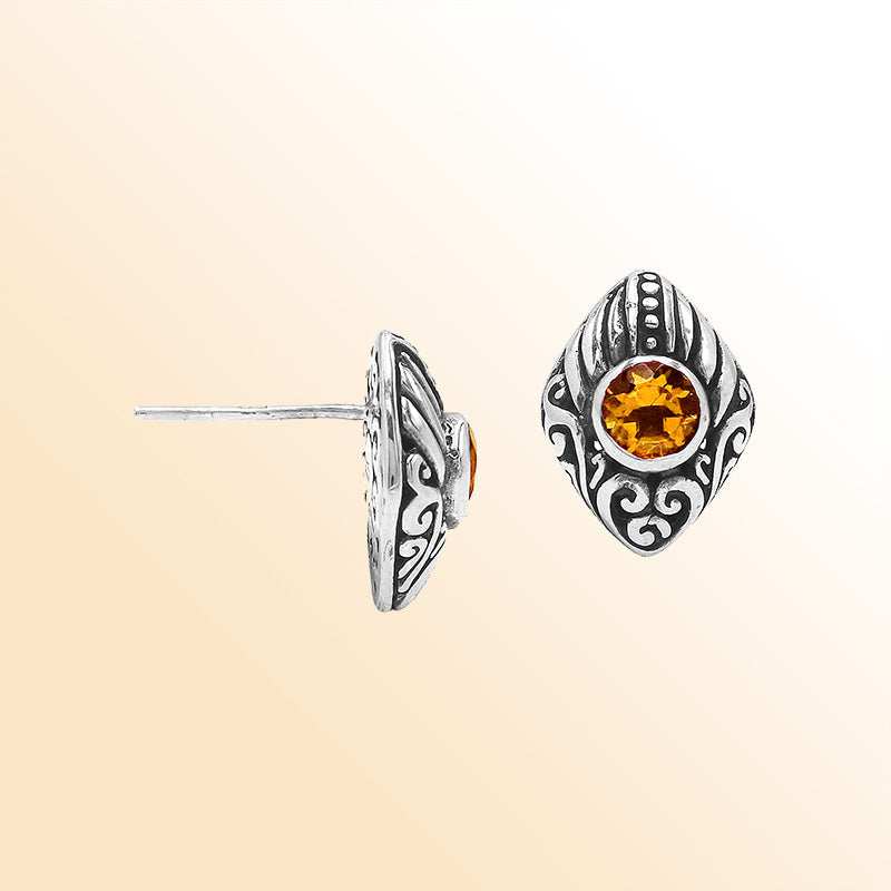 Sterling Silver Bali Marquise Citrine Quartz Stud Earrings With Oxidized Scroll Carving Handcrafted In Bali