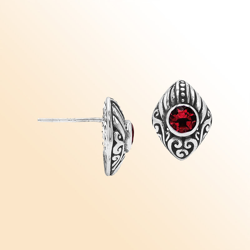 Sterling Silver Bali Marquise Garnet Quartz Stud Earrings With Oxidized Scroll Carving Handcrafted In Bali