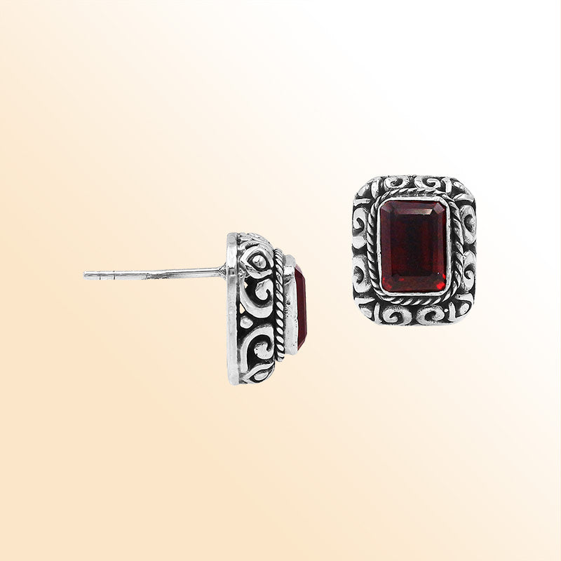 Handcrafted Sterling Silver Garnet Quartz Earrings With Vintage Balinese Scroll Artistry