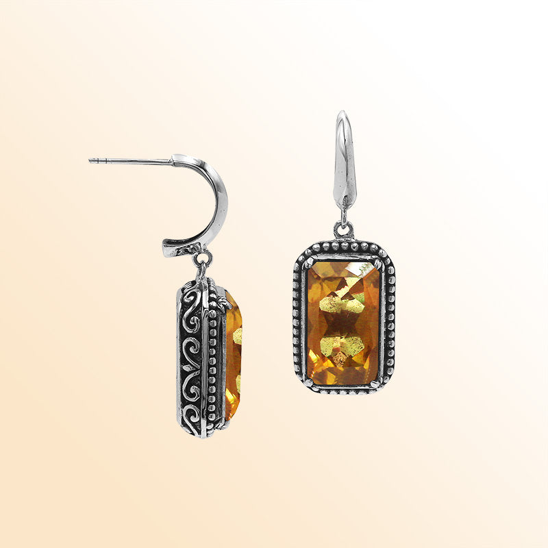 Handcrafted Sterling Silver Citrine Quartz Drop Earrings With Rope Frame And Balinese Scroll Accents