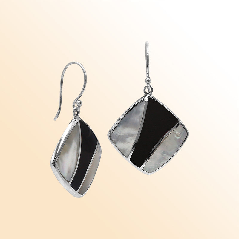 Handcrafted Sterling Silver Mother Of Pearl And Black Shell Curved Inlay Diamond Drop Earrings
