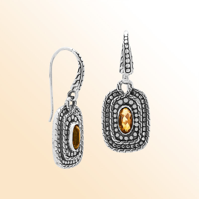 Handcrafted Sterling Silver Citrine Quartz Granulated Oval Drop Earrings With Balinese Accents