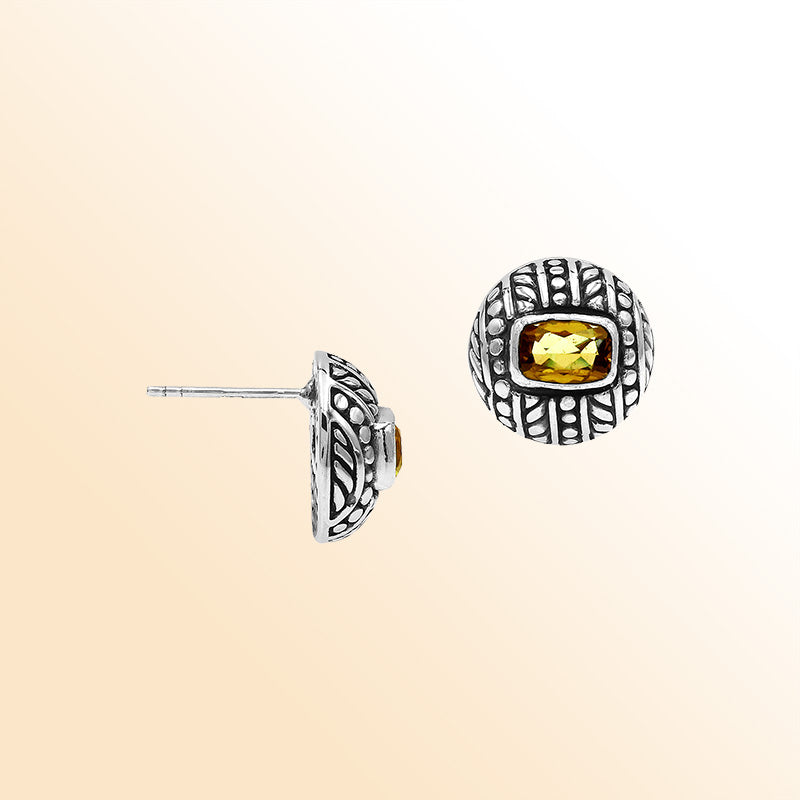Handcrafted Balinese Sterling Silver Stud Earrings With Citrine Quartz And Ornate Carved Detailing