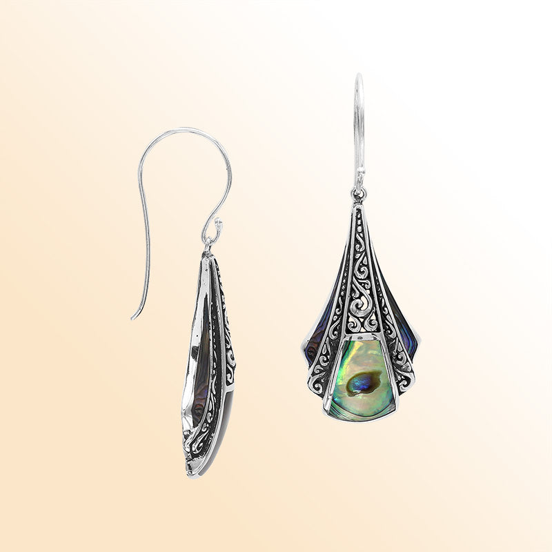 Handcrafted Balinese Sterling Silver Filigree Drop Earrings With Abalone Shell Inlay