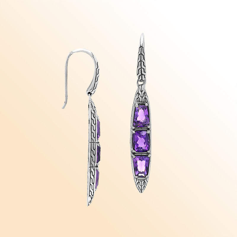 Handcrafted Balinese Sterling Silver Cascading Drop Earrings With Triple Amethyst Quartz And Chain Pattern Carving
