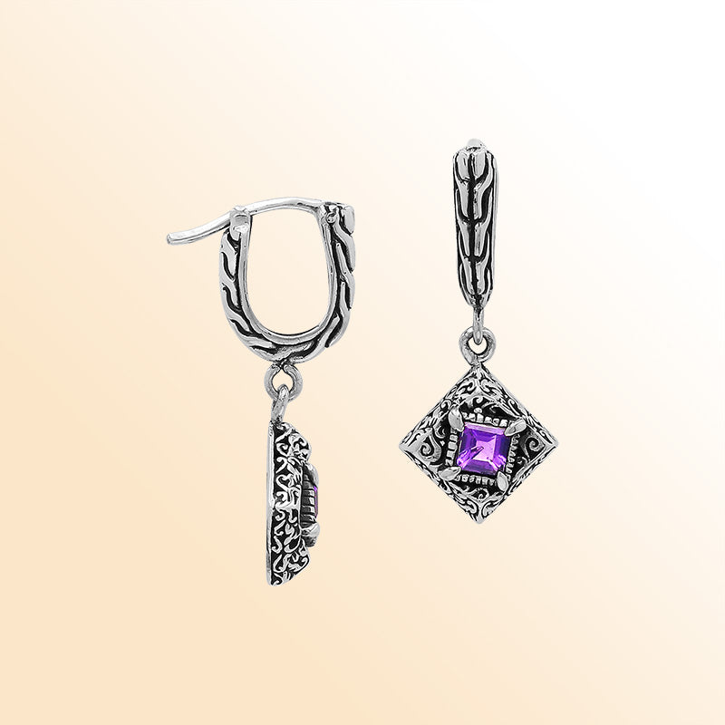 Handcrafted Balinese Sterling Silver Diamond-Shaped Dangle Earrings With Square-Cut Amethyst Quartz And Ornate Carved Detailing