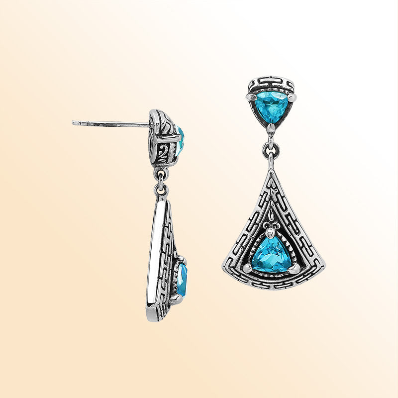 Handcrafted Balinese Sterling Silver Triangular Dangle Earrings With Blue Topaz Quartz And Maze Pattern Carving