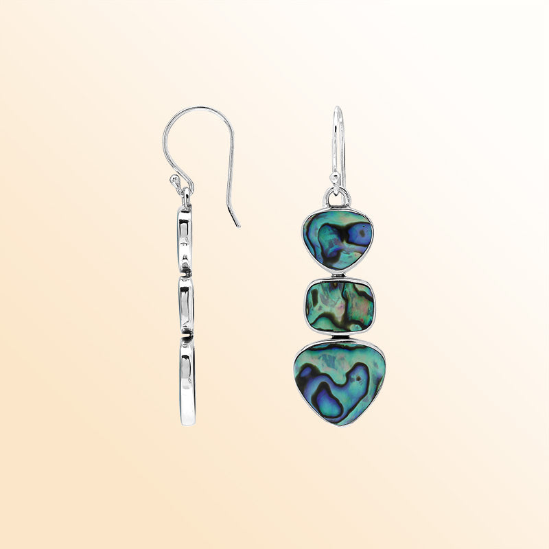 Handcrafted Balinese Sterling Silver Triple-Drop Earrings With Abalone Shell Hearts And Square Accents In Polished Finish