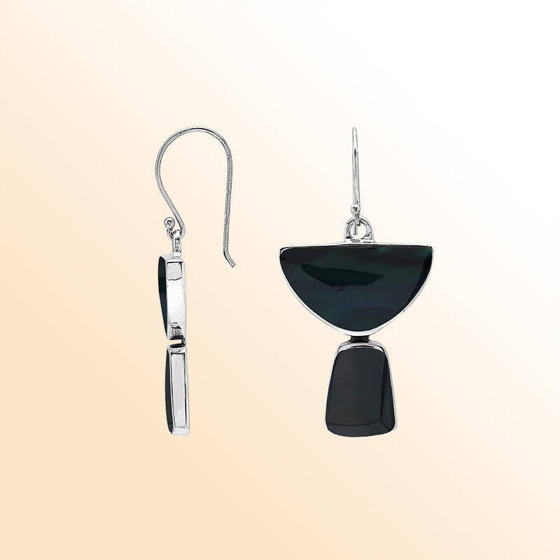 Sterling Silver Black Shell Midnight Horizon Half Moon Handmade Drop Earrings
