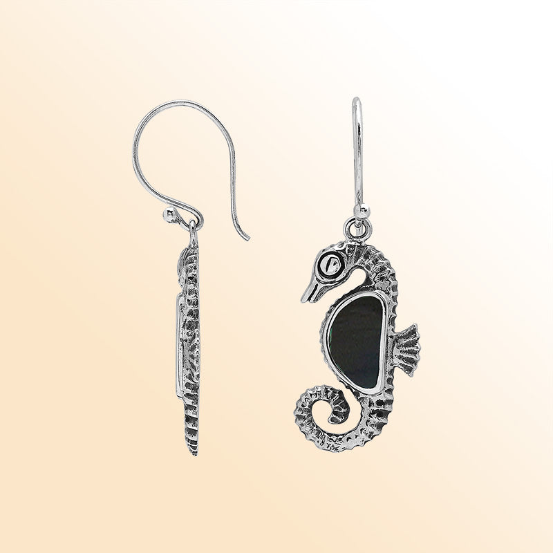 Sterling Silver Seahorse Dangle Earrings With Black Shell Inlay