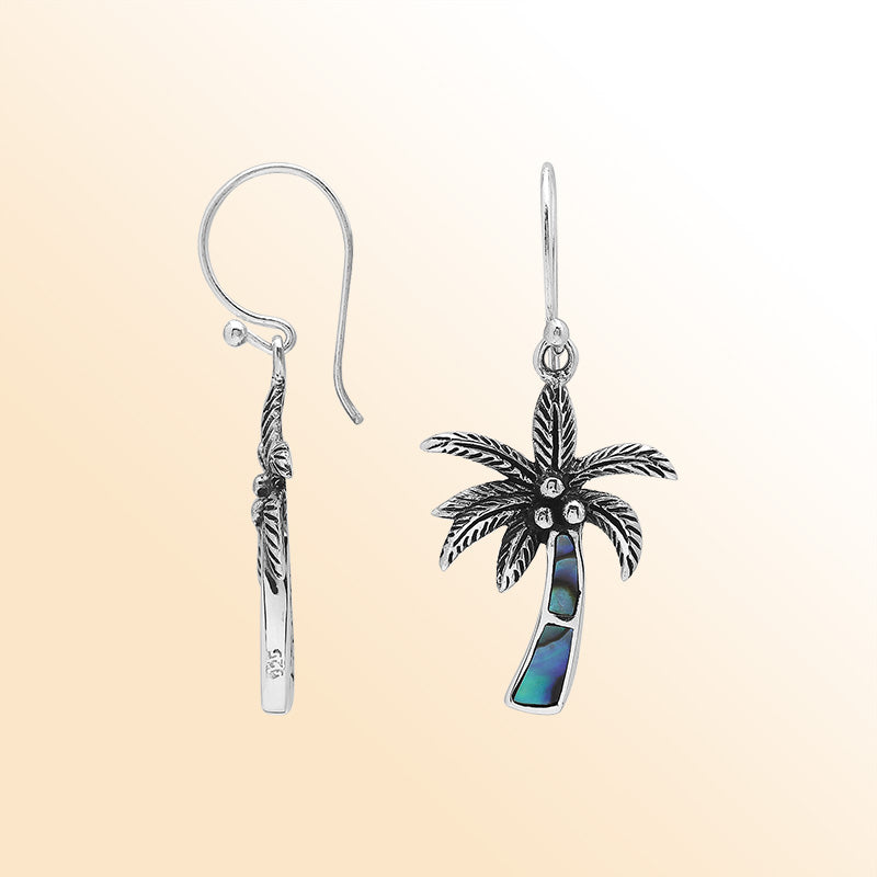 Sterling Silver Palm Tree Dangle Earrings With Abalone Shell Inlay