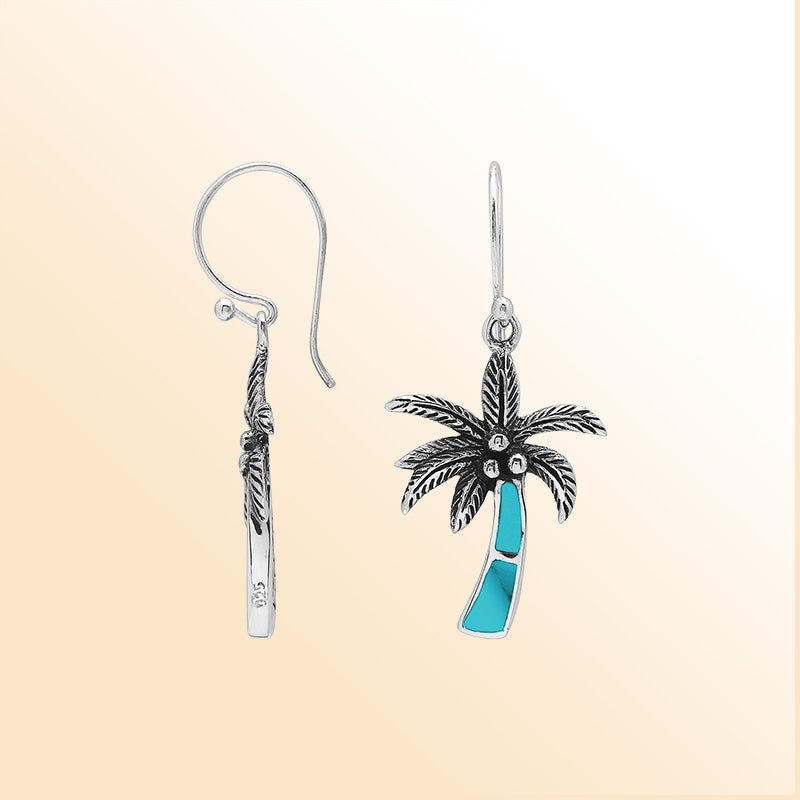 Sterling Silver Palm Tree Dangle Earrings With Turquoise Shell Inlay