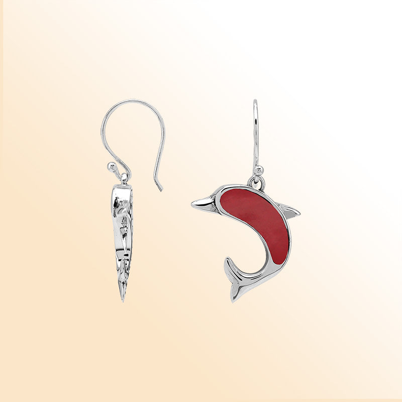 Sterling Silver Dolphin Dangle Earrings With Red Coral Inlay