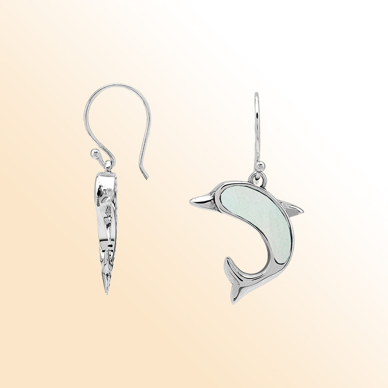 Sterling Silver Dolphin Dangle Earrings With Mother Of Pearl Inlay