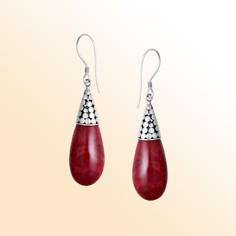 Sterling Silver Teardrop Earrings With Red Coral And Cone Cap